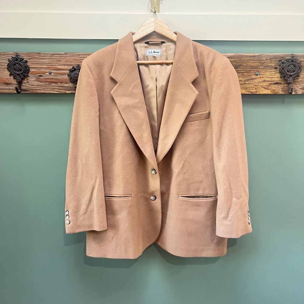 VTG 90s LL Bean Wool Cashmere Blazer Jacket Made in USA Tan Camel Women 18P